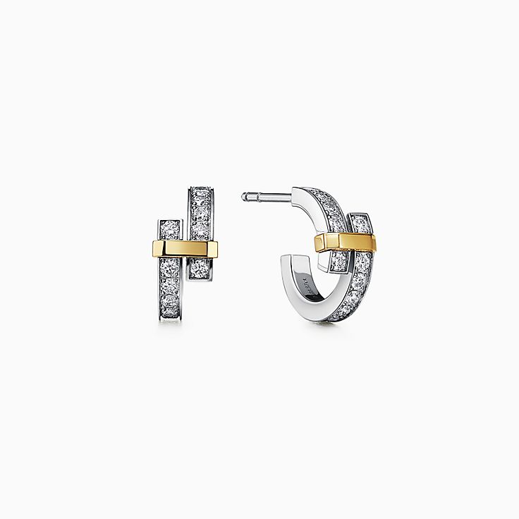 Tiffany Edge 系列铂金与18K 黄金镶钻圈形耳环| Tiffany & Co.