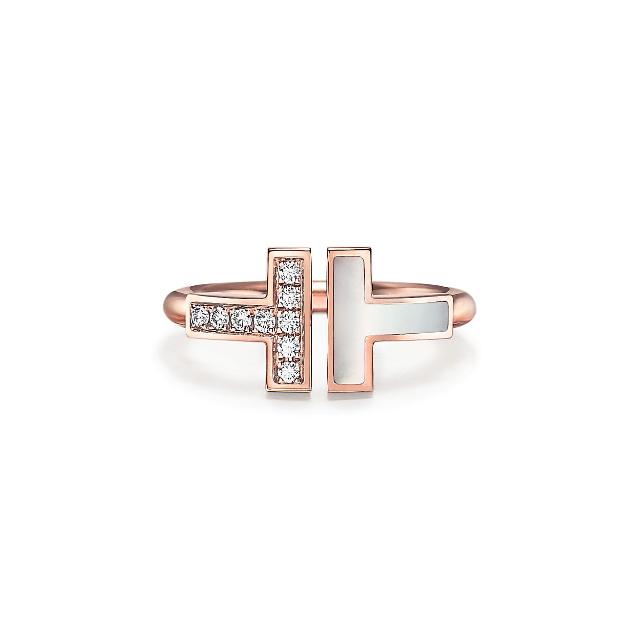 Tiffany T 系列18K 玫瑰金镶嵌钻石和珍珠母贝线圈戒指| Tiffany