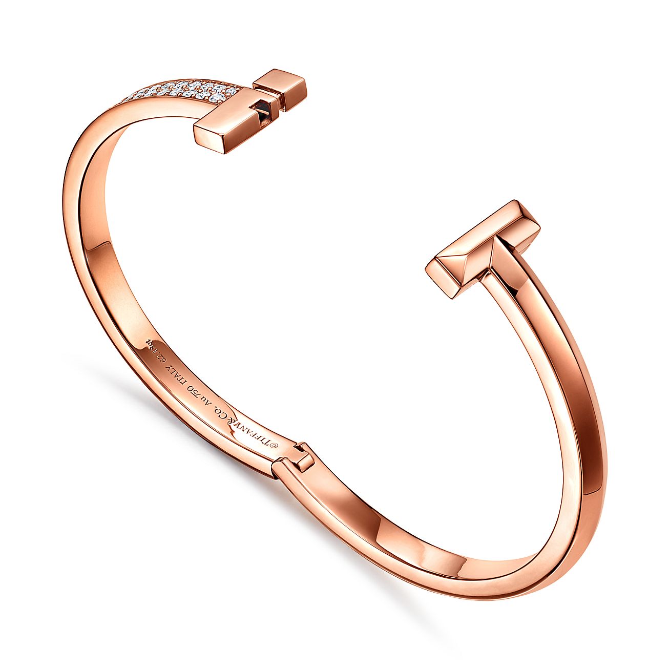 Tiffany T 系列T1 18K 玫瑰金镶钻宽式铰链手镯| Tiffany & Co.